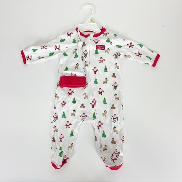 NEW Little Me Holiday Pajamas First Christmas with Hat Size 3M Santa Tree NWOT - Picture 1 of 5